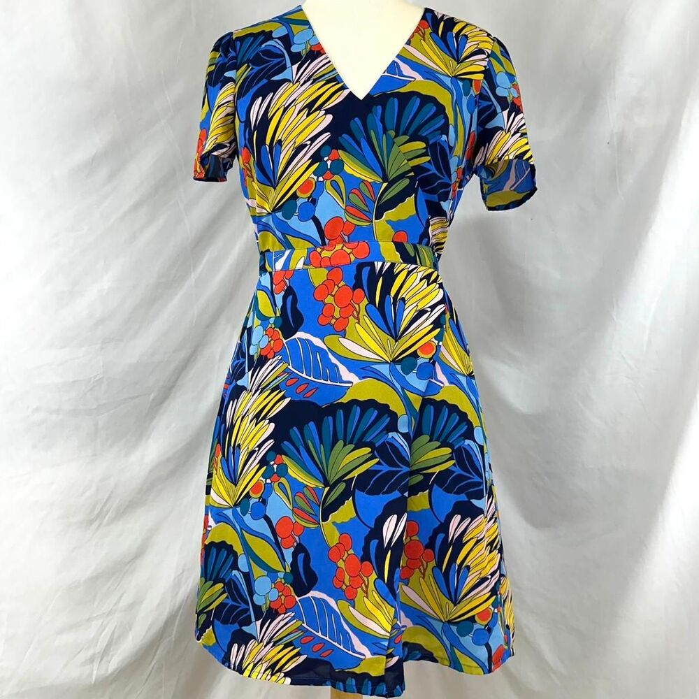 J. CREW Blue Tropical Print V Neck Short Sleeve Faux Wrap Mini‎ Dress Womens 4